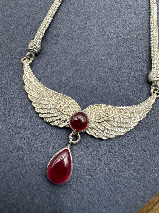 Sterling Silver Ruby & Wings Pendant On Franco Chain Necklace