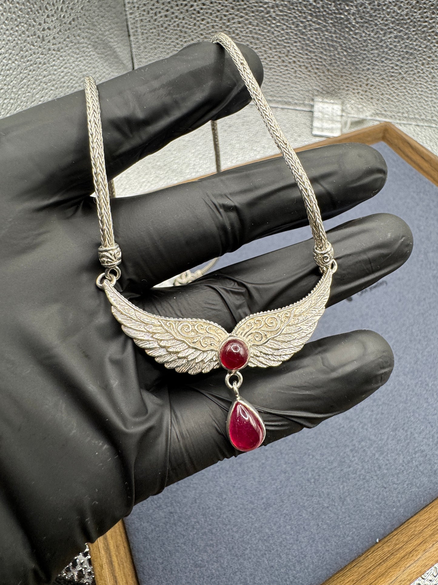 Sterling Silver Ruby & Wings Pendant On Franco Chain Necklace