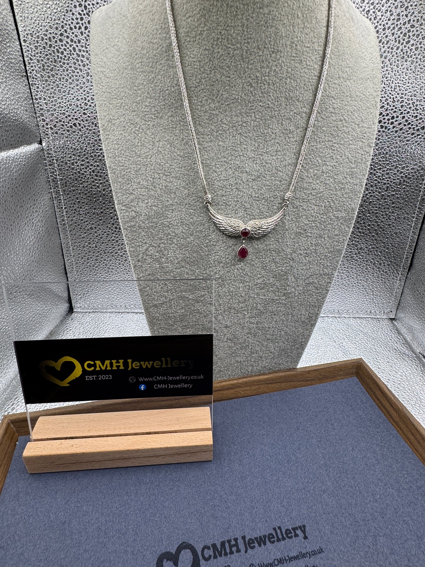 Sterling Silver Ruby & Wings Pendant On Franco Chain Necklace