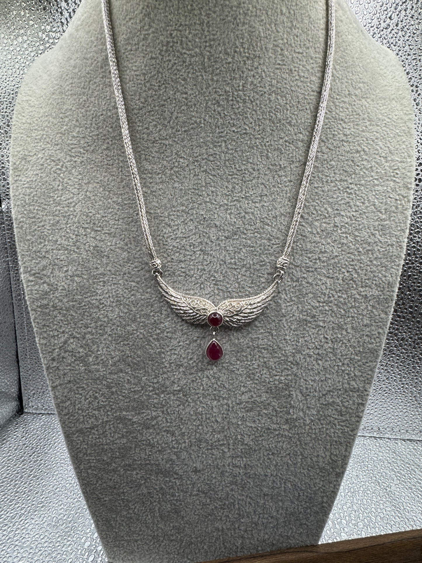 Sterling Silver Ruby & Wings Pendant On Franco Chain Necklace
